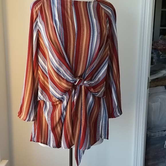 KORI BOHO Tie Detail Mocha Striped Tunic - Picture 10 of 16
